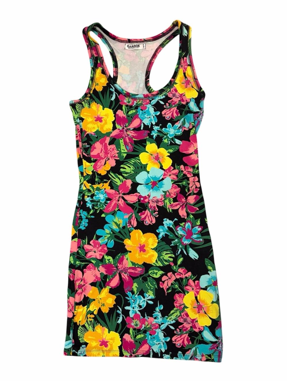 Garage Black Floral Racerback Tank Dress with Yellow, Pink, Teal Blooms